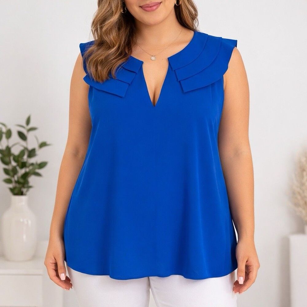 Womens Blue Ruffle Collar Sleeveless Blouse Large Silk Flowy Tunic Top Elegant
